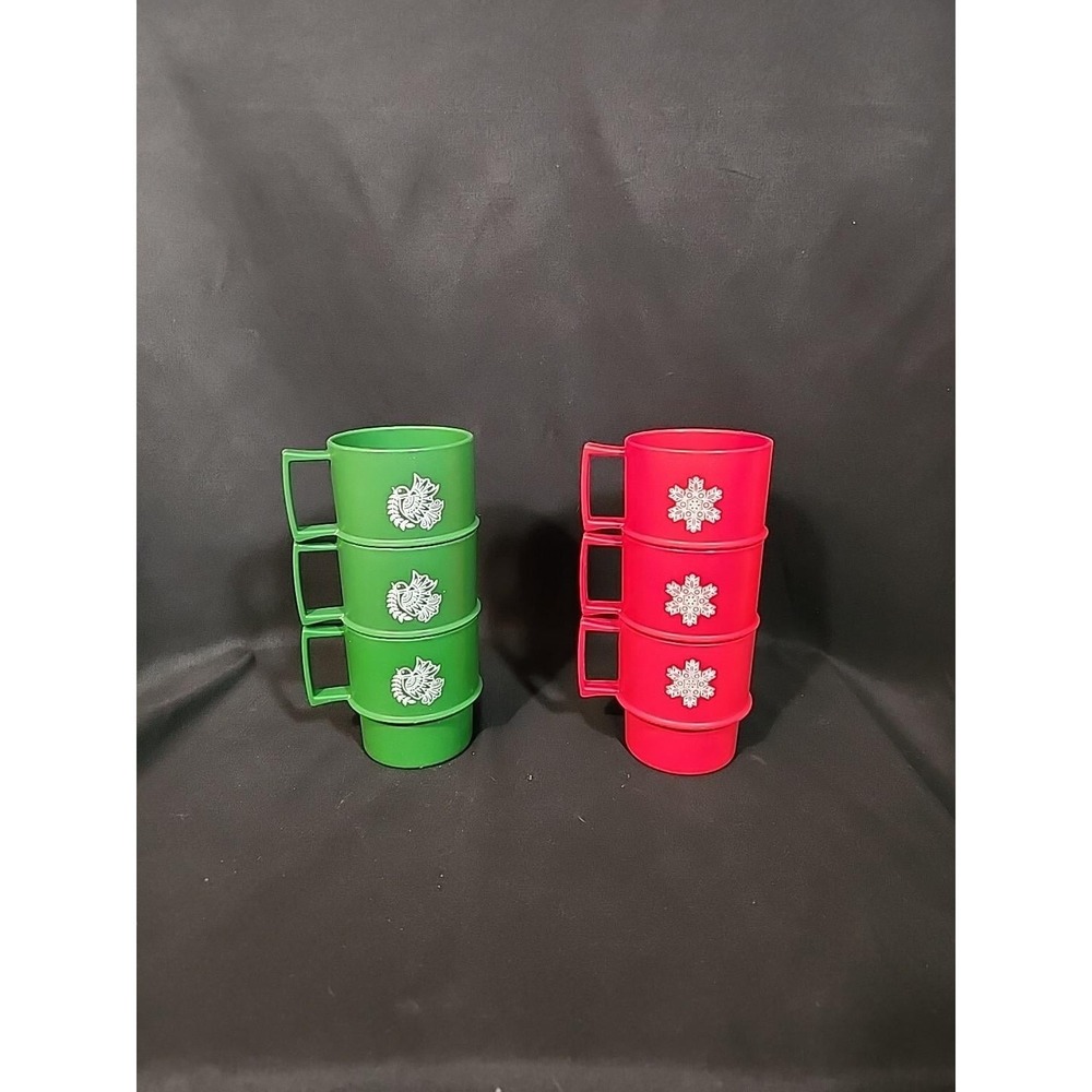 Tupperware Stacking‎ Mugs Snowflake Dove Red Green Holiday Christmas Vintage 70s